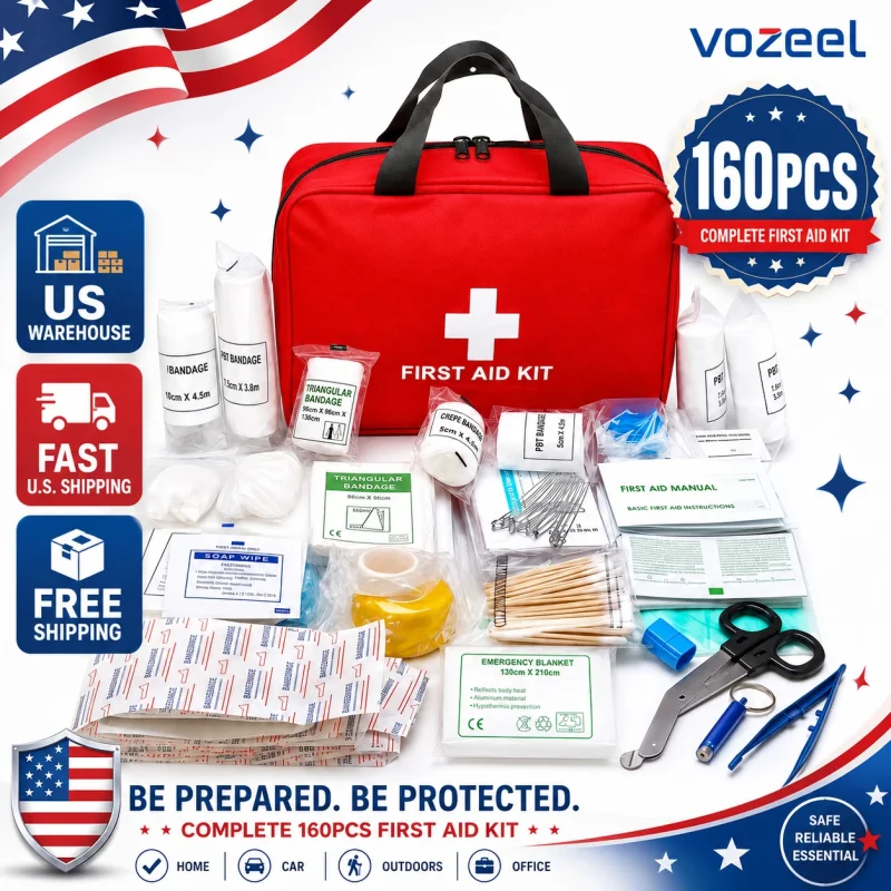 A red first aid kit in a large, waterproof nylon
