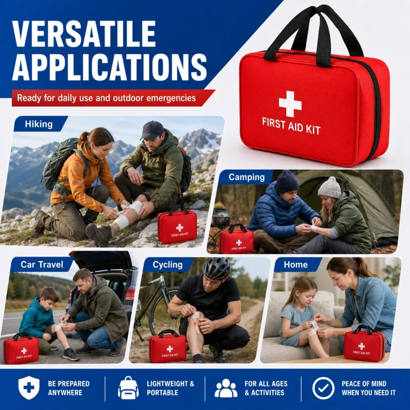 A red first aid kit in a large, waterproof nylon