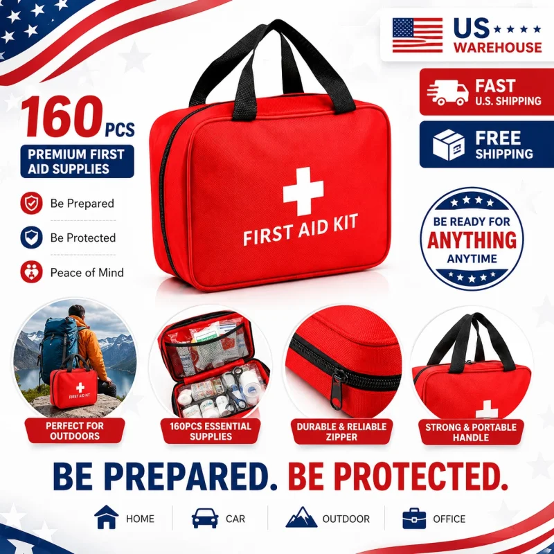 A red first aid kit in a large, waterproof nylon
