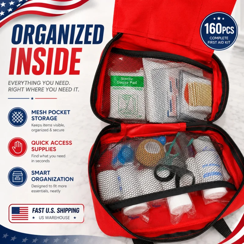 A red first aid kit in a large, waterproof nylon