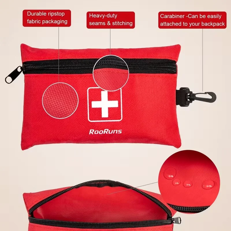 Trousse de premiers secours ouverte de style militaire affichant divers éléments médicaux