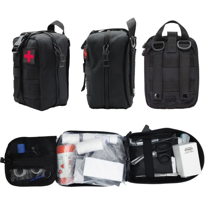 Red zippered first aid bag with a white cross logo surrounded