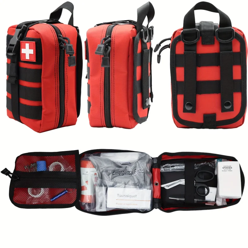 Red zippered first aid bag with a white cross logo surrounded