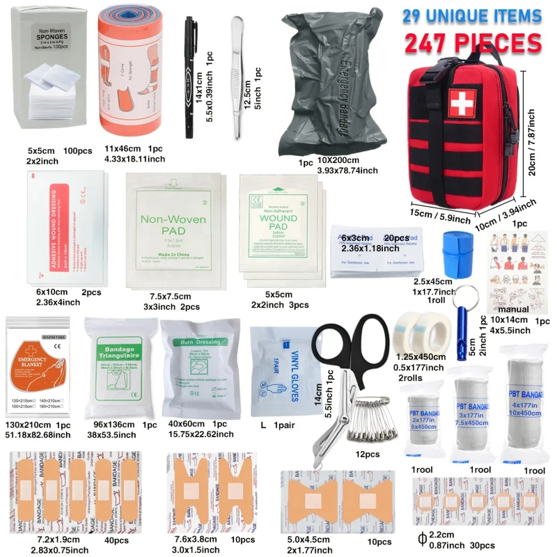 Red zippered first aid bag with a white cross logo surrounded