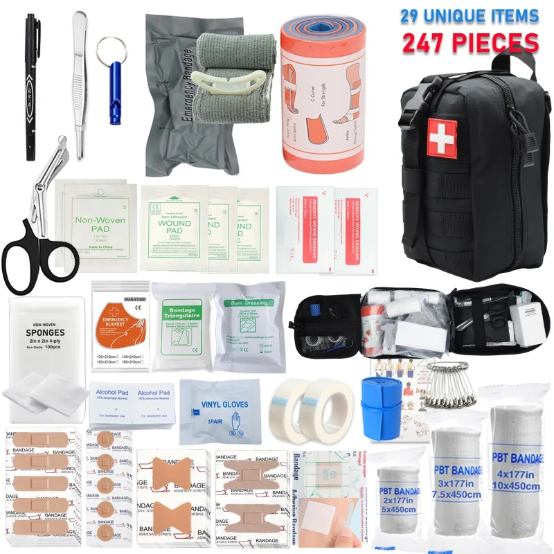 Red zippered first aid bag with a white cross logo surrounded