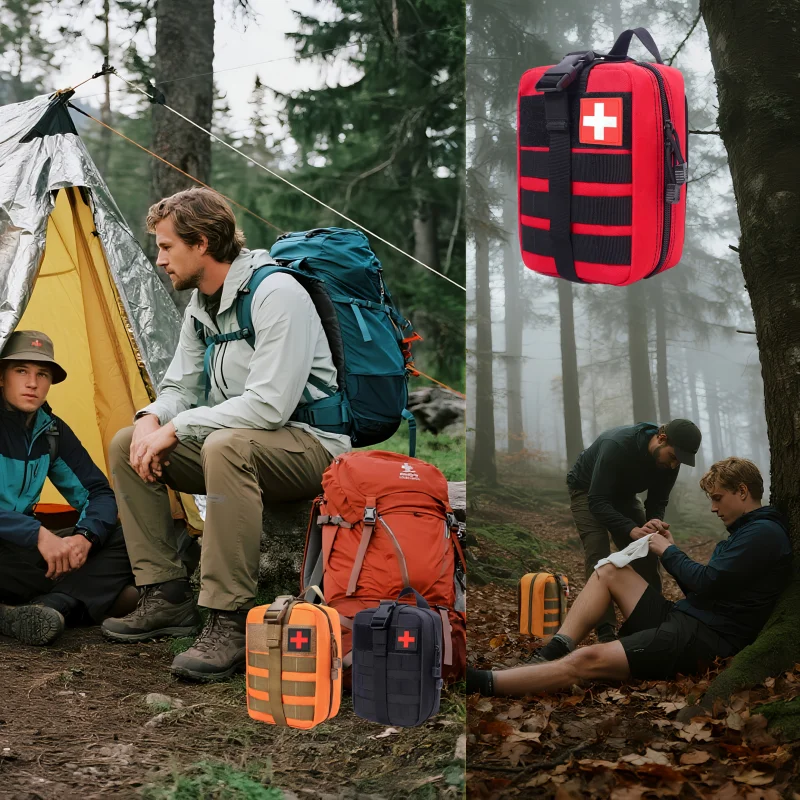 Red zippered first aid bag with a white cross logo surrounded